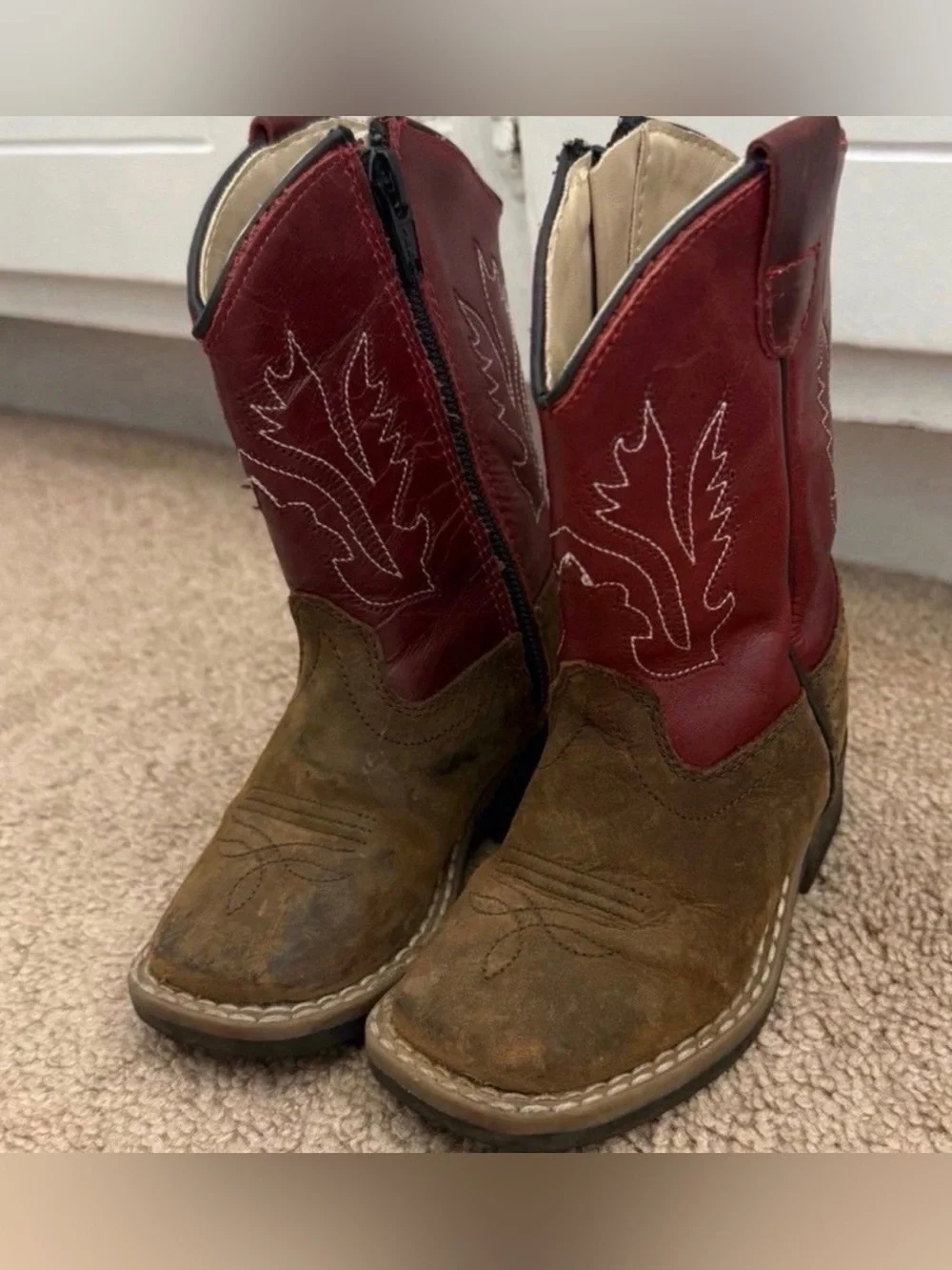 Kids Two-Tone Red and Brown Cowboy Boots (Size 5)